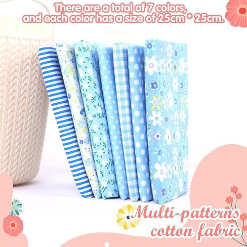 7 Pcs Blue Cotton Fabric Squares, 9.8 x 9.8 Inch (25 x 25 cm), Precut Quilting Fabric Bundles for Patchwork, Floral Craft Fabric for DIY Sewing, Scrapbooking, Dolls and Pillowcases in Kuwait