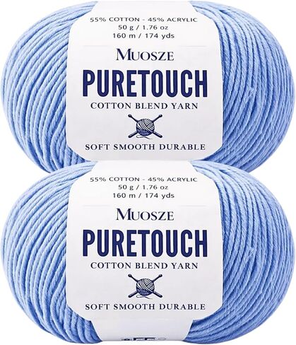 PureTouch Cotton Blend Yarn, Soft & Durable Crochet Yarn for Knitting & Amigurumi, 174 Yards, 50g, 55% Cotton 45% Acrylic (Snow White, 2 SKEINS) in Kuwait