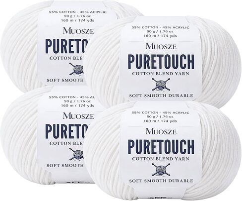 PureTouch Cotton Blend Yarn, Soft & Durable Crochet Yarn for Knitting & Amigurumi, 174 Yards, 50g, 55% Cotton 45% Acrylic (Snow White, 2 SKEINS) in Kuwait