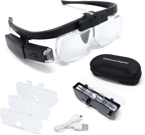 LED Head Mount Magnifier Glasses with 3 Detachable Lenses 2 Led Professional Jeweler Loupe Light USB Rechargeable Hands Free Headband Magnifying Glass for Reading Watch & Electronic Repair Sewing in Saudi Arabia