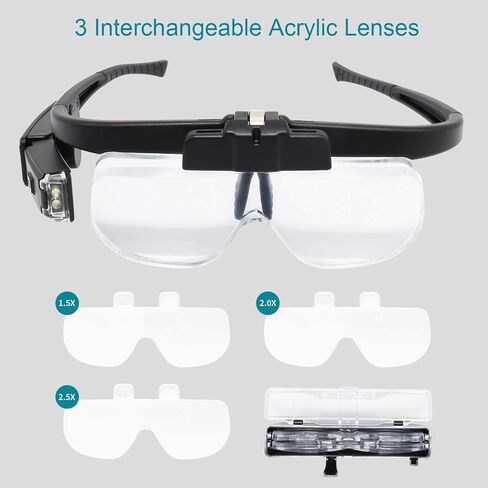 LED Head Mount Magnifier Glasses with 3 Detachable Lenses 2 Led Professional Jeweler Loupe Light USB Rechargeable Hands Free Headband Magnifying Glass for Reading Watch & Electronic Repair Sewing in Saudi Arabia