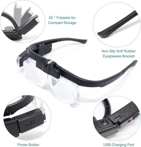 LED Head Mount Magnifier Glasses with 3 Detachable Lenses 2 Led Professional Jeweler Loupe Light USB Rechargeable Hands Free Headband Magnifying Glass for Reading Watch & Electronic Repair Sewing in Saudi Arabia