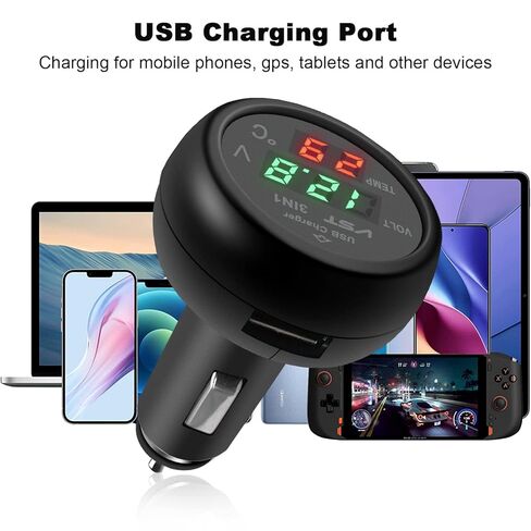 3 in 1 Car Voltmeter,USB Charger Adapter Auto Cigarette Lighter Plug Voltage Meter Vehicle Temperature Gauge Battery Tester Monitor with LCD Digital Display for 12V/24V Cars, Trucks, SUVs, Buses in Saudi Arabia