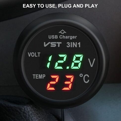 3 in 1 Car Voltmeter,USB Charger Adapter Auto Cigarette Lighter Plug Voltage Meter Vehicle Temperature Gauge Battery Tester Monitor with LCD Digital Display for 12V/24V Cars, Trucks, SUVs, Buses in Saudi Arabia