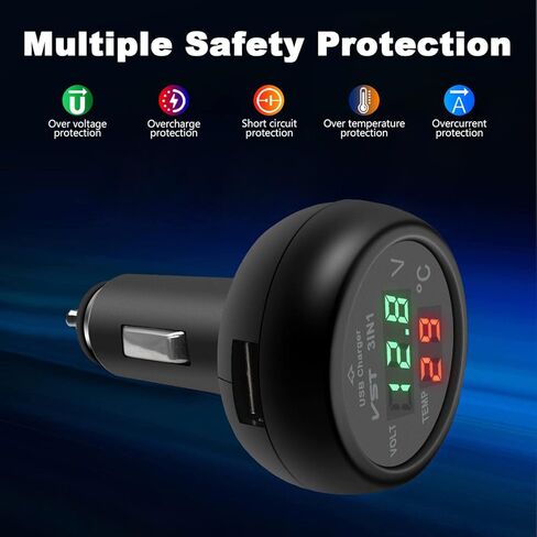 3 in 1 Car Voltmeter,USB Charger Adapter Auto Cigarette Lighter Plug Voltage Meter Vehicle Temperature Gauge Battery Tester Monitor with LCD Digital Display for 12V/24V Cars, Trucks, SUVs, Buses in Saudi Arabia