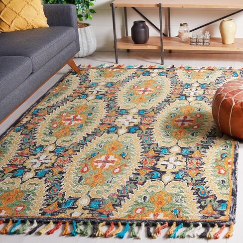 SAFAVIEH Blossom Collection 2'3" x 8' Charcoal / Gold BLM454A Handmade Tassel Premium Wool Runner Rug in Saudi Arabia
