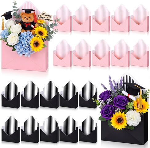 Outus 20 Pcs Floral Envelope Boxes for Graduation Empty Paper Flower Bouquet Envelop Paper Boxes Pink Black Stripe Florist Flower Bags for Gift Packaging Birthday Wedding Party in Kuwait