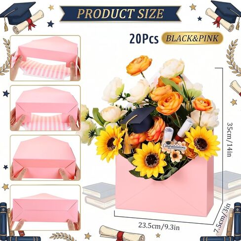 Outus 20 Pcs Floral Envelope Boxes for Graduation Empty Paper Flower Bouquet Envelop Paper Boxes Pink Black Stripe Florist Flower Bags for Gift Packaging Birthday Wedding Party in Kuwait