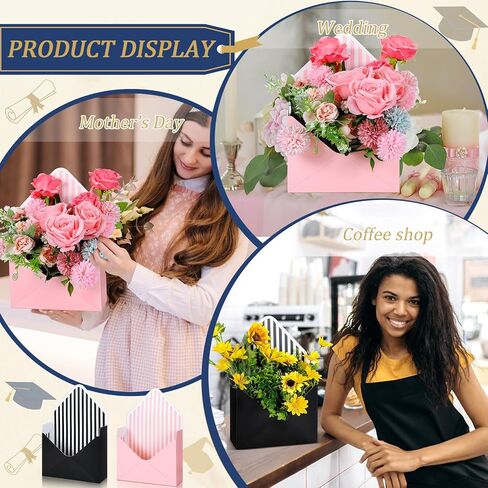 Outus 20 Pcs Floral Envelope Boxes for Graduation Empty Paper Flower Bouquet Envelop Paper Boxes Pink Black Stripe Florist Flower Bags for Gift Packaging Birthday Wedding Party in Kuwait