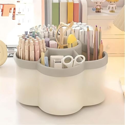 Rotating Desk Organizer, Multi-Compartment Plastic Pen Holder for Office Supplies, Makeup Brushes and Stationery Storage in Kuwait