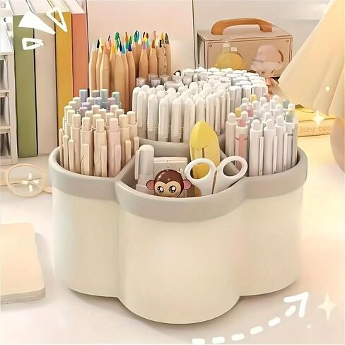 Rotating Desk Organizer, Multi-Compartment Plastic Pen Holder for Office Supplies, Makeup Brushes and Stationery Storage in Kuwait