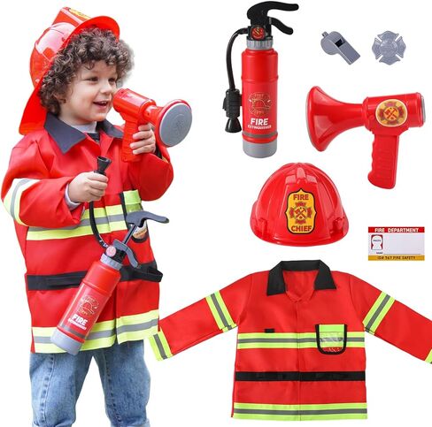 Liberry Firefighter Costume for Kids 3-5, Fireman Toys with Toddler Career Day Outfit, Helmet, Fire Extinguisher, Pretend Play Set for Boys Girls Birthday Gift in Saudi Arabia