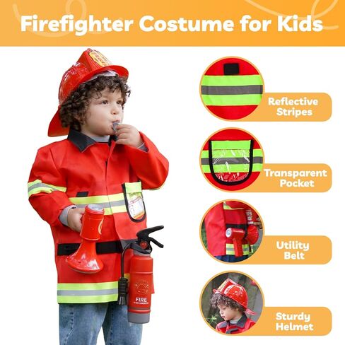 Liberry Firefighter Costume for Kids 3-5, Fireman Toys with Toddler Career Day Outfit, Helmet, Fire Extinguisher, Pretend Play Set for Boys Girls Birthday Gift in Saudi Arabia