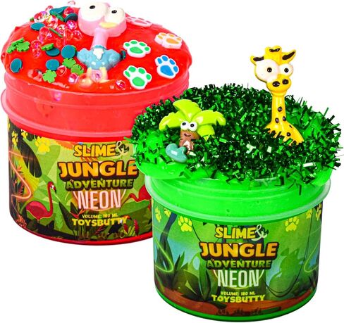 FINOCLAY 2 Slime Pack Neon Slime Kit for Girls Boys, Create with Kids Jungle Adventure Theme, Premade Slime Making kit, 8 Slime Accessories, 2 Big Slime Charms Putty Set Toy Slime Kits in Saudi Arabia