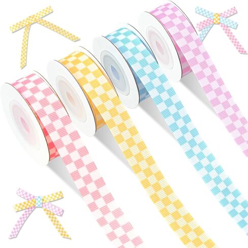 Whaline 4 لفات باستيل متقلب أشرطة Grosgrain نسيج حرفة الشريط الوردي الأصفر الأزرق الأرجواني شريط منقوش لإكليل القوس هدية التفاف العودة إلى ديكور حفلة المدرسة، 5/8"، 20 ياردة in Kuwait