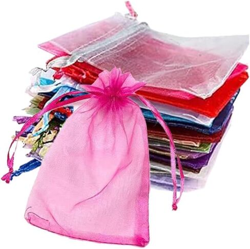 100pcs Organza Bags-Pink 3.94''x4.72''(10x12cm) Satin Drawstring Organza Pouch Wedding Party Festival, Christmas, Favor Gift Bag Jewelry Watch Bags in Kuwait