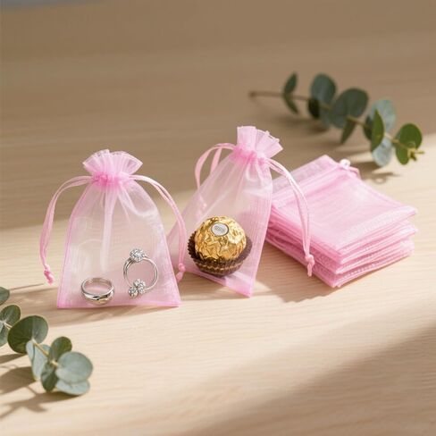 100pcs Organza Bags-Pink 3.94''x4.72''(10x12cm) Satin Drawstring Organza Pouch Wedding Party Festival, Christmas, Favor Gift Bag Jewelry Watch Bags in Kuwait