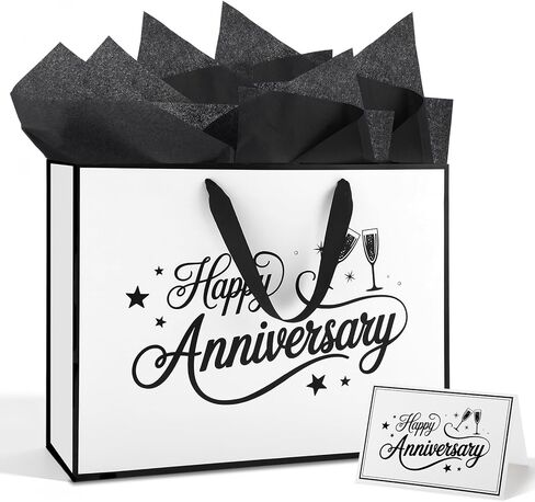 mypartyco 14.5" Anniversary Themed Gift Bag, Large White with Black Trim Classic Themed Gift Bag, Includes Greeting Card, Ribbon, and Tissue Paper for Anniversary Parties and Wedding Party Supplies in Kuwait