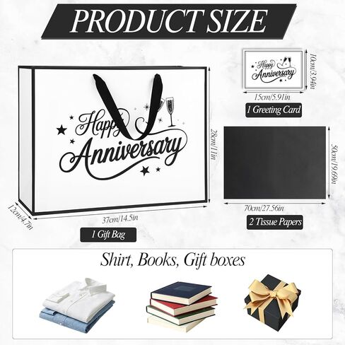 mypartyco 14.5" Anniversary Themed Gift Bag, Large White with Black Trim Classic Themed Gift Bag, Includes Greeting Card, Ribbon, and Tissue Paper for Anniversary Parties and Wedding Party Supplies in Kuwait