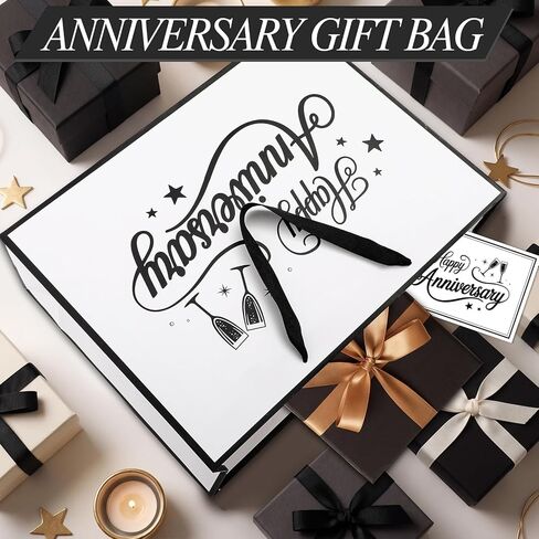 mypartyco 14.5" Anniversary Themed Gift Bag, Large White with Black Trim Classic Themed Gift Bag, Includes Greeting Card, Ribbon, and Tissue Paper for Anniversary Parties and Wedding Party Supplies in Kuwait