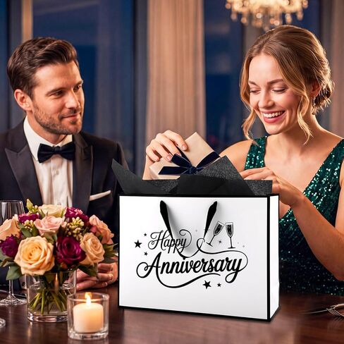 mypartyco 14.5" Anniversary Themed Gift Bag, Large White with Black Trim Classic Themed Gift Bag, Includes Greeting Card, Ribbon, and Tissue Paper for Anniversary Parties and Wedding Party Supplies in Kuwait