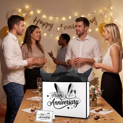 mypartyco 14.5" Anniversary Themed Gift Bag, Large White with Black Trim Classic Themed Gift Bag, Includes Greeting Card, Ribbon, and Tissue Paper for Anniversary Parties and Wedding Party Supplies in Kuwait