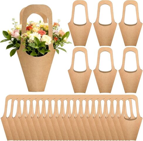 AUGSUN 30Pcs Kraft Paper Flowers Bouquet Bags with Handle, 14 Inch Brown Hanging Bouquet Wrapping Bags Kraft Floral Flower Sleeves for Florist Packaging Supplies Wedding Party in Kuwait