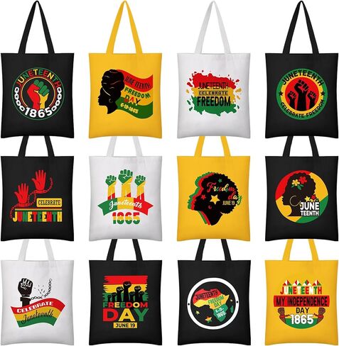 Hillban 12 قطعة من حقائب حمل القماشية Happy Juneteenth كبيرة مقاس 14 × 16 بوصة في يونيو 19 من حقائب هدايا حفلات الحرية السوداء، هدايا عيد الاستقلال الأمريكي الأفريقي للنساء في 19 يونيو من لوازم حفلات Juneteenth in Kuwait