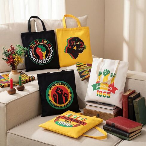 Hillban 12 قطعة من حقائب حمل القماشية Happy Juneteenth كبيرة مقاس 14 × 16 بوصة في يونيو 19 من حقائب هدايا حفلات الحرية السوداء، هدايا عيد الاستقلال الأمريكي الأفريقي للنساء في 19 يونيو من لوازم حفلات Juneteenth in Kuwait