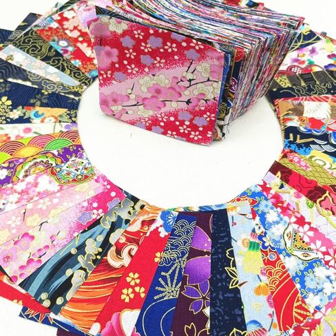 50 Pieces Blue Crane Japanese Washi Fabric Bundle, Gold Foil Print Quilting Squares, 5.91×5.91 Inches, for DIY Doll Clothes, Patchwork, Handmade Projects in Kuwait
