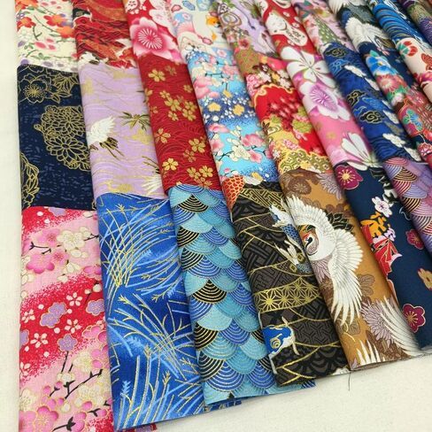50 Pieces Blue Crane Japanese Washi Fabric Bundle, Gold Foil Print Quilting Squares, 5.91×5.91 Inches, for DIY Doll Clothes, Patchwork, Handmade Projects in Kuwait