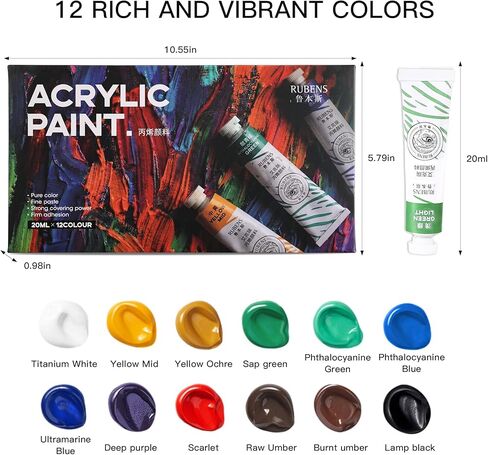 rubens Artist Grade Heavy Body Acrylic Paint, 12 Colors Vivid Acrylic Paint Set (20ml, 0.68 oz Tubes), High Pigment Art Supplies for Canvas, Wood, Rock Crafts, Painting Supplies for Professionals, Beginners in Kuwait