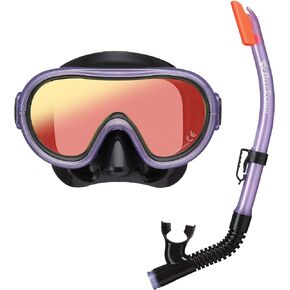 RC0203 Youth Single-Window Mask & Snorkel Combo Set, Semi-Dry Top, Purge Valve, Panoramic Wide View Tempered Glass Lens, Snorkeling Gear for Kids Age 4-9 with Reusable Travel Mesh Bag