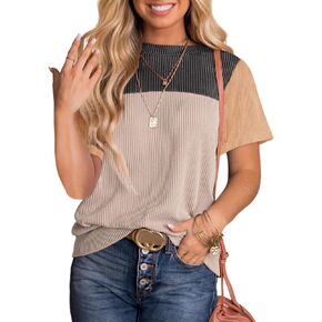 BLENCOT Women Tops Color Block Crewneck Casual Oversized Tshirts Knit Summer Tees Blouse S-2XL