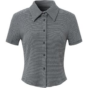 Women's Striped Short Sleeve Button Down Collar Shirt Blouse Tops