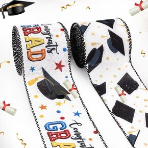 2 Pieces Graduation Ribbons 10 Yards, Congrat Grad 2024 Graduation Cap Ribbons White Black Congratulations Graduation Ribbon for Graduation Day Gift Wrapping Party Decoration Crafts Supplies