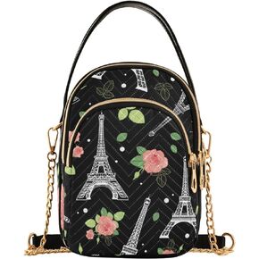 SUABO Chain Crossbody Bags for Women, Eiffel Tower Flowers Quilted Shoulder Crossbody Handbags Travel Cross Body Cell Phone Purses Bags