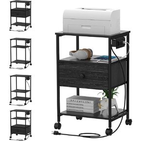 حامل طابعة VEDECASA ذو 3 طبقات مع محطة شحن، ومنفذ USB، وطاولة طابعة مع أدراج قماشية للتخزين، ورف مفتوح قابل للتعديل، للمكتب المنزلي، والنوم، وغرفة المعيشة، بني (أسود) in Kuwait