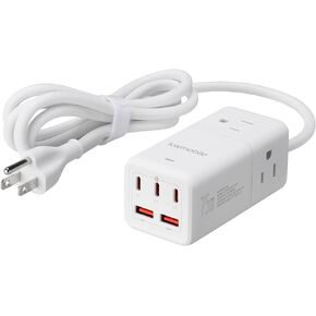 kwmobile Power Strip with USB/USB-C Ports - with 3 Outlets, 2 USB Ports, 3 USB-C Ports - Includes 1 USB-C GaN Charger 75W - Charging Extension Cord - White