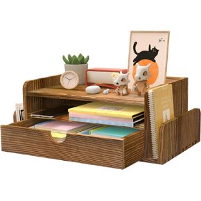 HZE Wooden Desk Organizer with Drawers, Rustic 3-Tier Office Desktop Organizer with Drawers with 2 Side Mail Sorting Slots, Desktop Drawers for Folders, Mail, Stationary (No Assembly Required)
