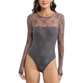 Ugerlov Women's Long Sleeve Lace Bodysuit Sexy Mesh Crew Neck See Through Jumpsuit Bodysuits Top Sheer Slim Fit Blouse