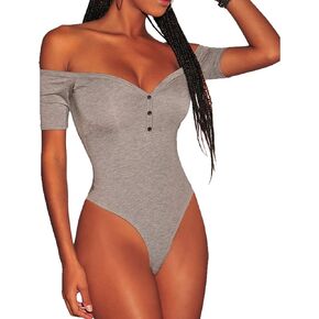 ANCAPELION Women’s Off Shoulder Short Sleeve Bodysuit Sexy Stretchy Bodycon Top in Kuwait