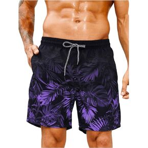 Verdusa Men's Tropical Print Drawstring Waist Swim Trunks Beach Shorts