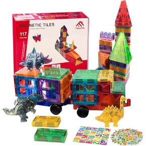 بلاط مغناطيسي، 117 قطعة مكعبات بناء ألعاب مغناطيسية للأطفال، ألعاب مونتيسوري الحسية لمرحلة ما قبل المدرسة مع 3 ديناصورات وسيارتين وحروف ABC و50 ملصق ديناصور in Kuwait