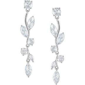 SWEETV Vine Wedding Earrings for Brides, Bridesmaids Earrings Gifts, Leaf Bridal Drop Earrings, Silver Cubic Zirconia Dangling Earrings for Prom Formal Party