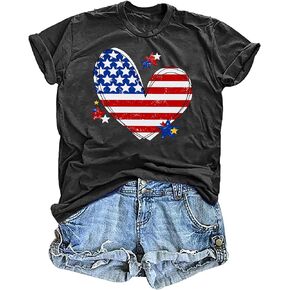 VVNTY American Flag Heart Shirt Women Patriotic T-Shirt 4th of July Graphic Tees Shirts USA Flag Star Stripe Tops