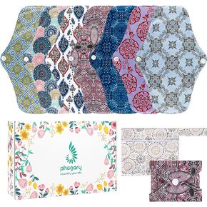 PHOGARY Reusable Menstrual Pads, 7 Pieces Bamboo Cloth Pads for Heavy Flow with Wet Bag, Large Sanitary Pads Set with Wings for Women, Washable Overnight Cloth Panty Liners Period Pads