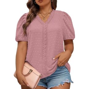 ROSRISS Womens Plus-Size Tops V Neck Swiss Dot Shirts Puff Short Sleeves Blouses XL-5XL