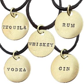 FIVE Decanter Tag Set - Hand Stamped Stencil Font - Handmade Spirits Labels - Brass & Leather Bar Markers - Whiskey, Tequila, Rum, Vodka, Gin - Great Men's Gift