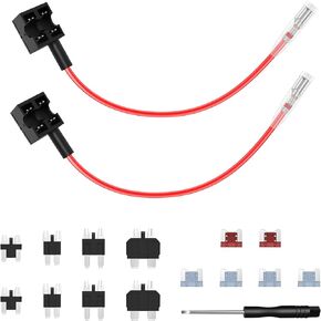 مجموعة كابلات الطاقة Fuse Tap، حامل مصهر السيارة 12-24 فولت (مع سلك) قطعتين + 6 مصهرات (2A 4pc و7.5A 2pc) مع 4 أنواع من 8 محولات، تغطي معظم الموديلات